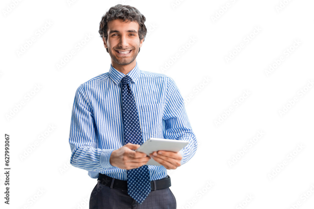 Manager use his tablet for online checking products available on a transparent background. Manager use his tablet for online checking products available on a transparent background.