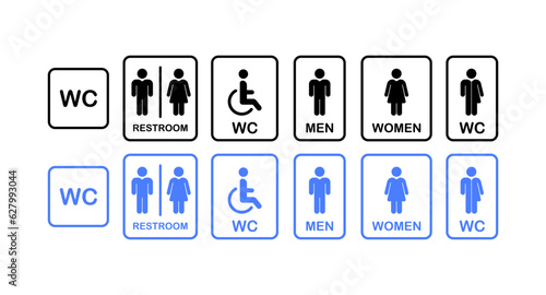 Toilet icons. Different, color, restroom icon, male wc, female wc. Vector icons