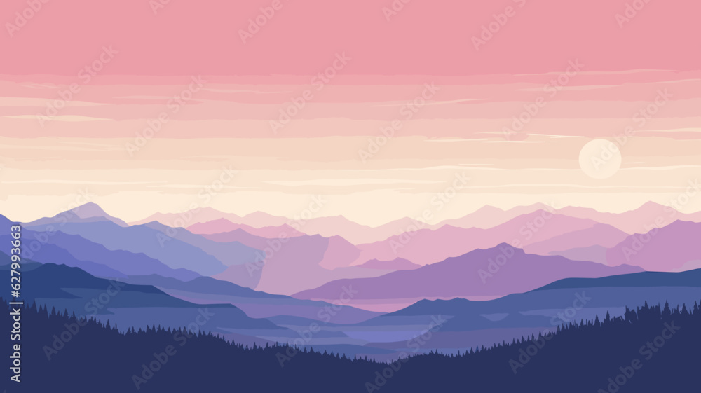 AI generated. Vector illustration. View of an alpine landscape. Simple vector illustration, with meadows and alpine mountains in the background.  soft purple tones
