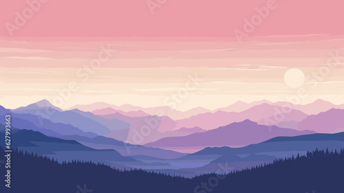 AI generated. Vector illustration. View of an alpine landscape. Simple vector illustration, with meadows and alpine mountains in the background. soft purple tones