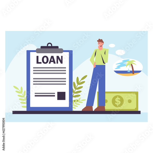Young worker standing near clipboard with document, thinking about loan for travel. Travel aboard concept. Bank-provided funding for credit and loan. Flat vector illustration
