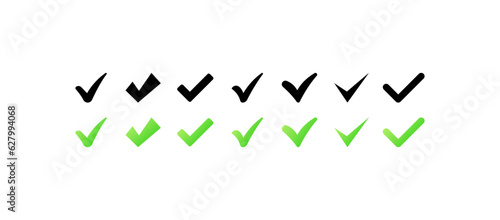 Check mark icons. Different styles, color. Okay stamps, green ticks. Vector illustration