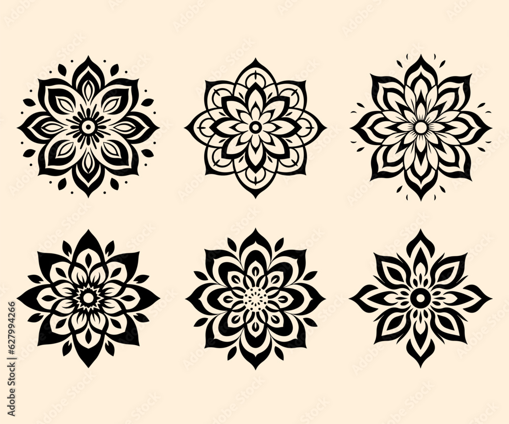 Simple shape mandala flowers, abstract floral elements, meditative flower motif Simple shape mandala flowers, abstract floral elements, meditative flower motif