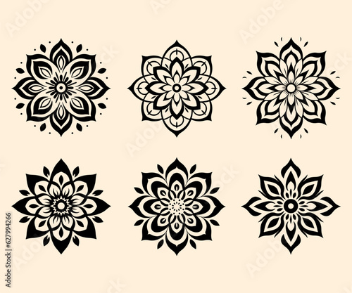 Simple shape mandala flowers, abstract floral elements, meditative flower motif