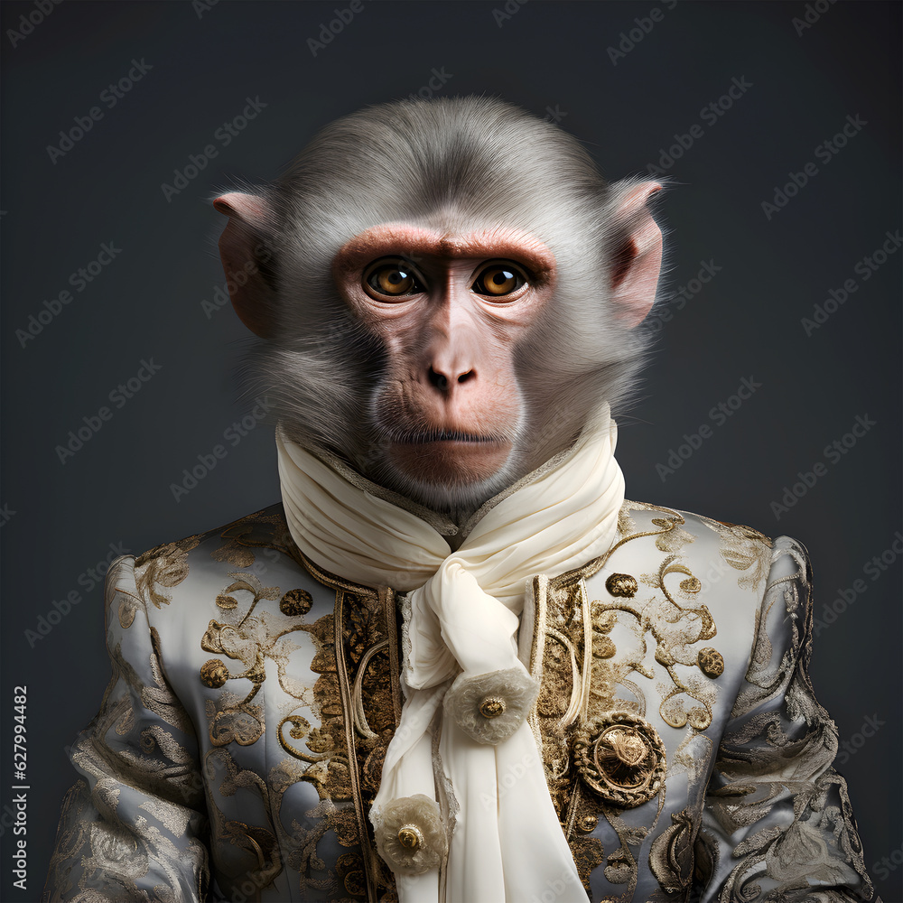 Realistic lifelike monkey in renaissance regal medieval noble royal outfits, commercial, editorial advertisement, surreal surrealism. 18th-century historical