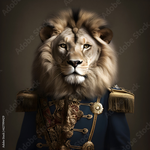 Fototapeta Naklejka Na Ścianę i Meble -  Realistic lifelike lion in renaissance regal medieval noble royal outfits, commercial, editorial advertisement, surreal surrealism. 18th-century historical