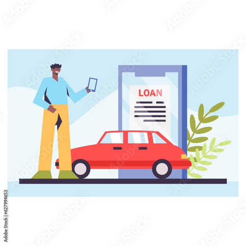 American male make loan and buying car via smartphone. Loan service via modern gadget concept. Get fast money concept. Flat vector illustration in blue and red colors in cartoon style