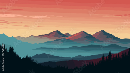 AI generated. Vector illustration. View of an alpine landscape. Simple vector illustration, with meadows and alpine mountains in the background