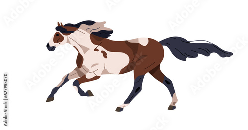 Horse running, gallop trait. Wild spotted stallion of piebald breed, moving at fast speed. Racehorse profile, side view. Steed with mane and tail. Flat vector illustration isolated on white background