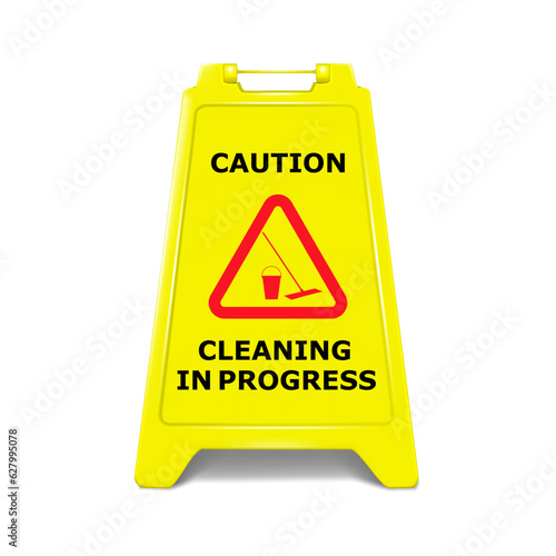 Cleaning in progress standing caution sign board realistic vector illustration. Double-sided folding yellow display stand with editable design