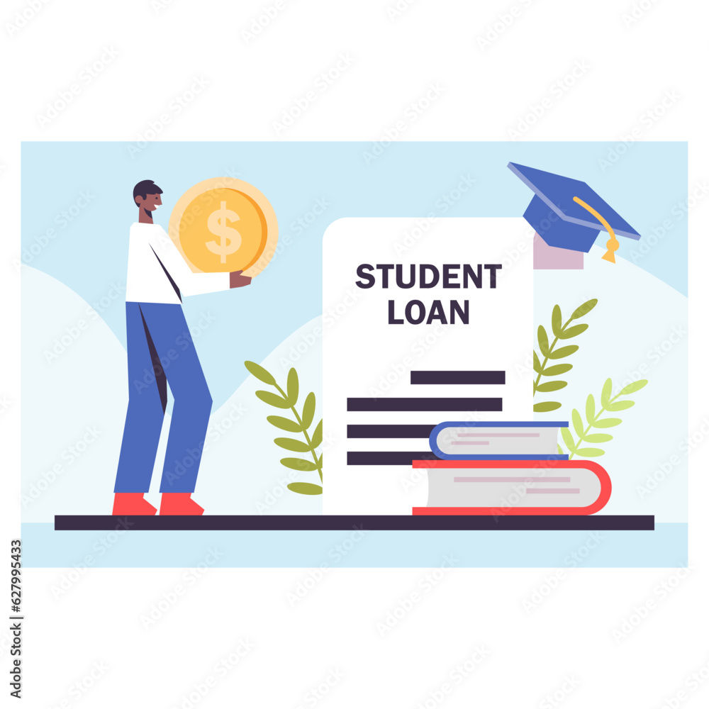 American male holding big coin, getting loan for students. Lending and loan finance in bank for students. Easy instant credit concept. Flat vector illustration in blue colors