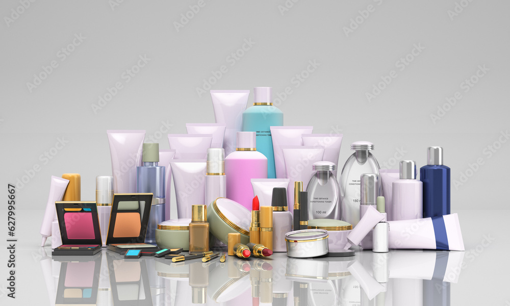 Collection of empty label packaging for cosmetics brand presentation 3d render on grey backgeound Collection of empty label packaging for cosmetics brand presentation 3d render on grey backgeound