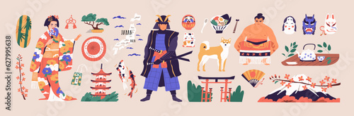 Japanese art and culture set. Geisha in kimono, samurai, koi carps, pagoda architecture, tea, noh masks, maneki neko toy. National traditional Japan heritage. Isolated flat vector illustrations