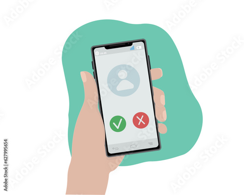 Phone in hand with call screen green red button call conversation battery watch communication chat ai order call cent vector illustration