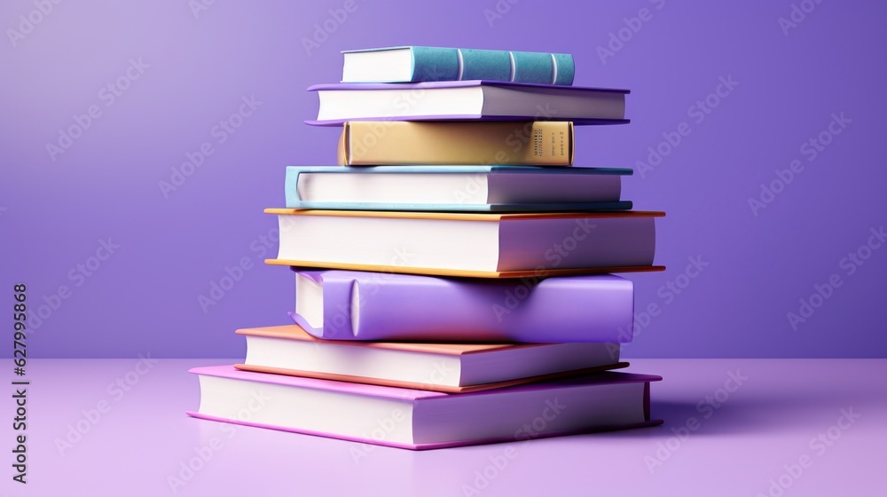 Fototapeta premium 3d render stack of books and paper on purple background. Created with generative AI.