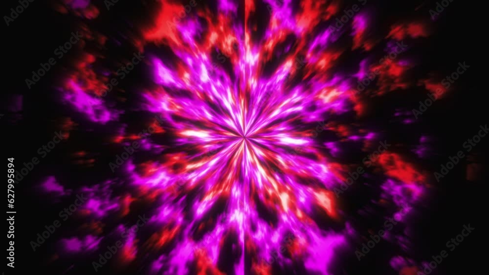 The explosion of an abstract supernova on a black background of space. Tongues of red and purple matter flying from the center. 3D render. 4k. The explosion of an abstract supernova on a black background of space. Tongues of red and purple matter flying from the center. 3D render. 4k.