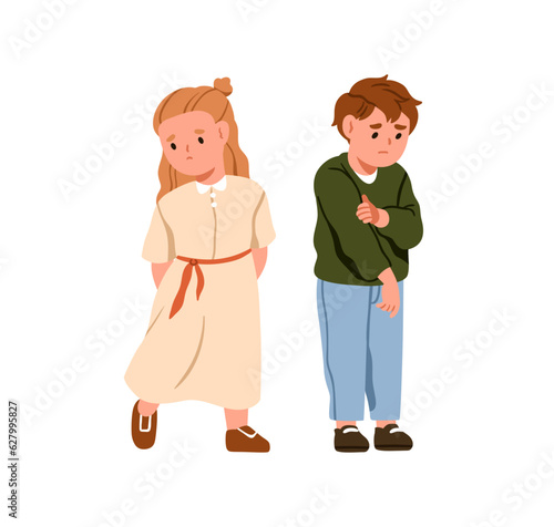 Children quarrel, conflict. Offended sad boy and girl feeling guilty. Upset kids friends, brother and sister in negative relationship. Flat graphic vector illustration isolated on white background
