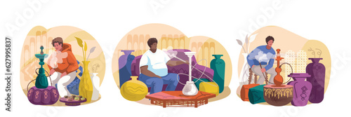 Set of cartoon characters sitting in pub and smoking. Traditional oriental, Asian leisure concept. Diverse people relaxing in lounge zone. Flat vector illustration in cartoon style