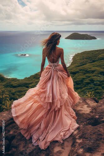 A beautiful woman stands on a cliff, her pastel dress billowing in the ocean breeze as flowers dance around her, creating a romantic portrait of fashion and nature