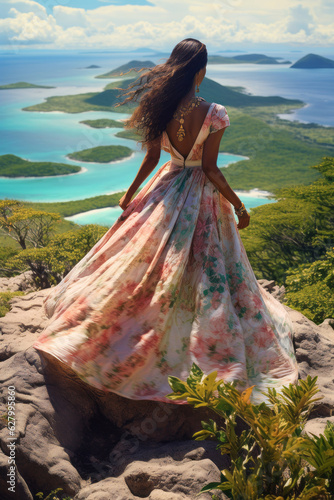 A beautiful portrait of a woman in a romantic pastel gown, standing atop a rock and surrounded by lush nature, overlooks a peaceful beach, a distant mountain, and a dreamy sky of billowing clouds
