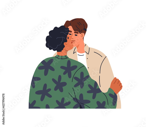 Homosexual men couple kissing in lips. Gays, romantic LGBTQ guys in love. LGBT boyfriends, lovers, valentines. Two sweet enamored partners. Flat vector illustration isolated on white background