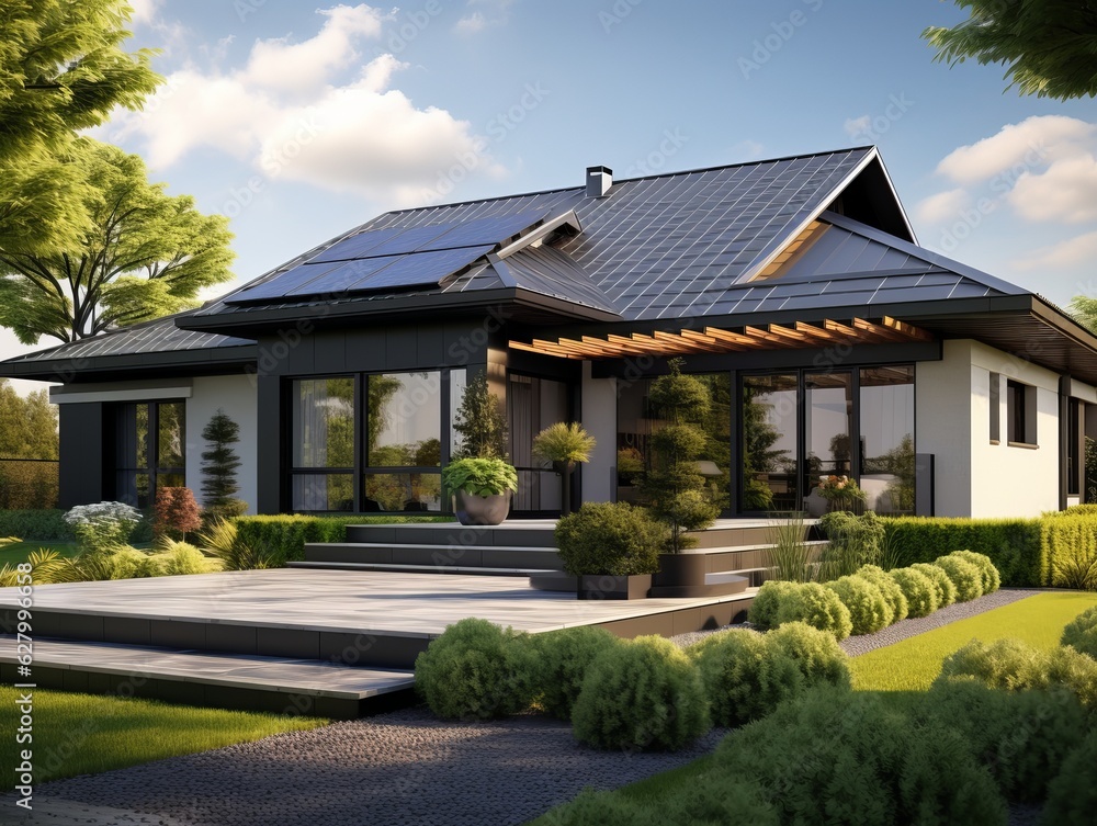 Modern house with solar panel roof, bright sky, beautiful garden. Generative ai