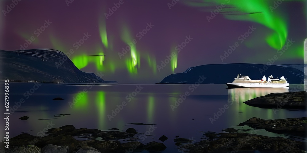 Ein Fjord in Norwegen mit Polarlicht in der Nacht mit einem Passagierschiff im Vordergrund - Illustration - virtuelle Grafik