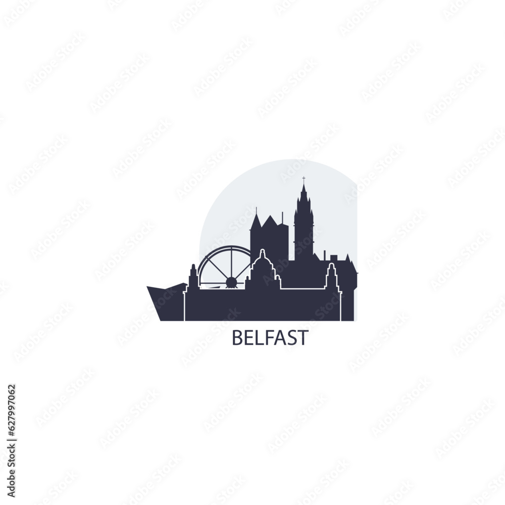 UK Northern Ireland Belfast cityscape skyline capital city panorama vector flat modern logo icon. United Kingdom emblem idea with landmarks and building silhouettes at sunset sunrise