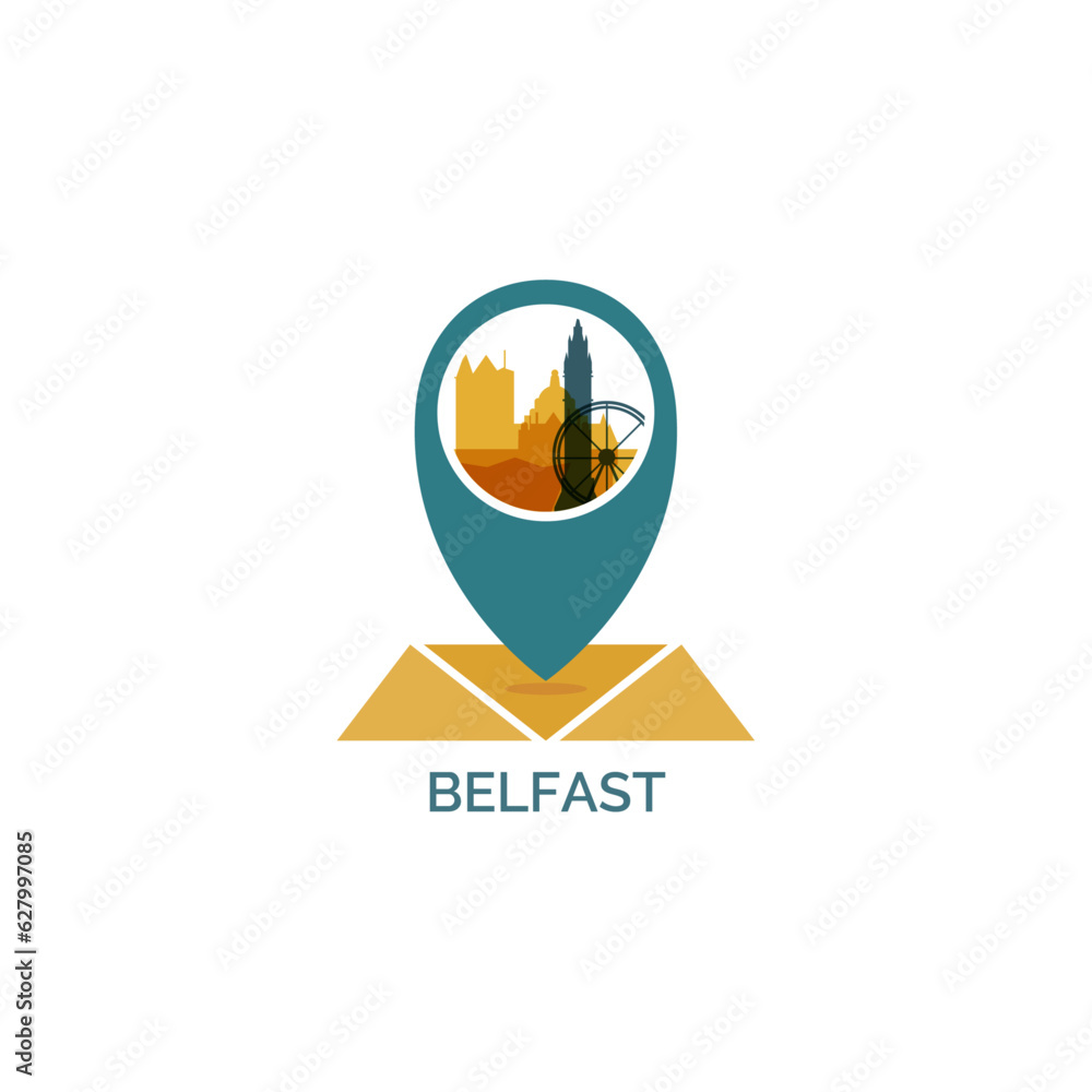 UK Northern Ireland Belfast map pin point geolocation modern skyline