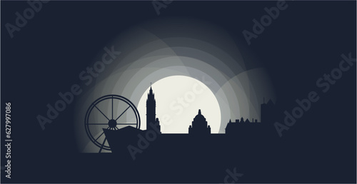 UK Belfast cityscape, skyline at sunrise sunset, panorama vector flat banner. United Kingdom night city, Northern Ireland townscape graphic idea