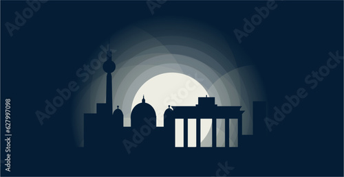 Germany Berlin cityscape skyline at sunrise sunset panorama vector flat banner, night city logo idea