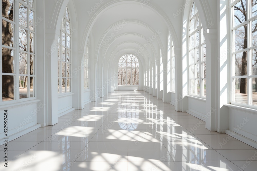 A long hallway with arched windows and white tile flooring. Digital image.