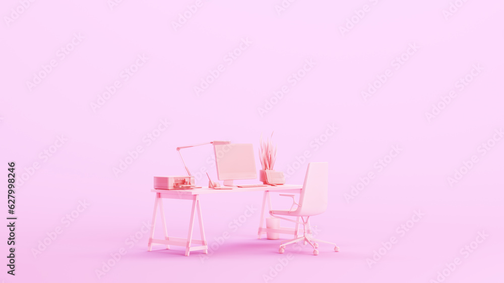 Pink home office desk studio space workplace remote working work kitsch blue left side