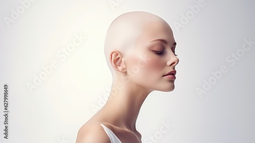 Emotional portrait of a bald woman  with closed eyes on white background