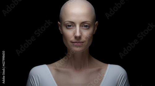 Emotional portrait of a bald woman on black background