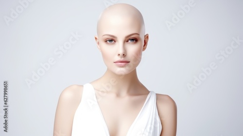 Emotional portrait of a bald fashion model woman on white background