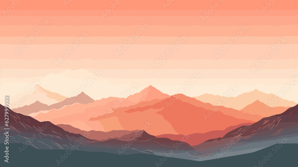 AI generated. Vector illustration. View of an alpine landscape. Simple vector illustration, with meadows and alpine mountains in the background