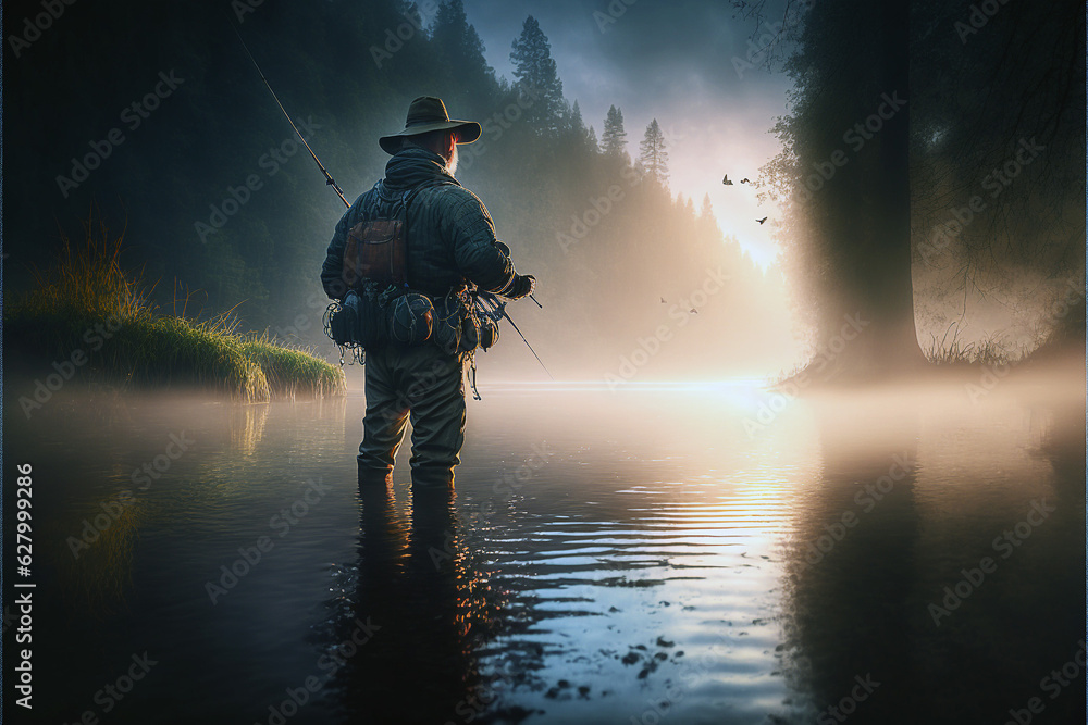 A fisherman catches a big fish in the river. Beautiful nature. Hobby fishing. A fisherman catches a big fish in the river. Beautiful nature. Hobby fishing.