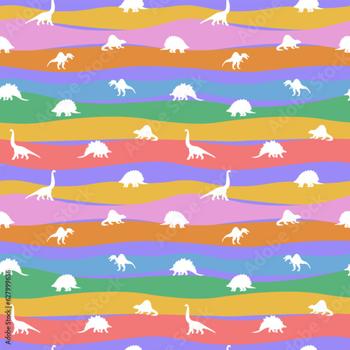 Seamless pattern with colorful dinosaurs on striped. Pattern for children's fabrics