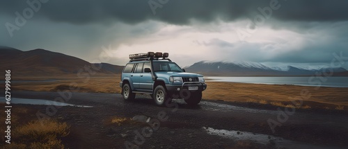 Suv is driving on a remote beach of Iceland. Generative AI