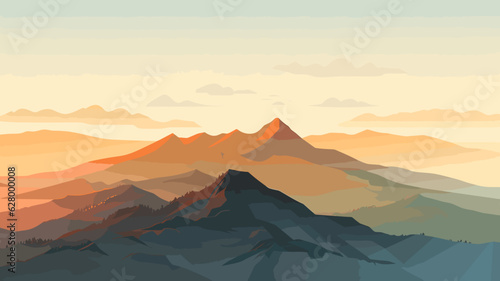 AI generated. Vector illustration. View of an alpine landscape. Simple vector illustration  with meadows and alpine mountains in the background. Copy space available.