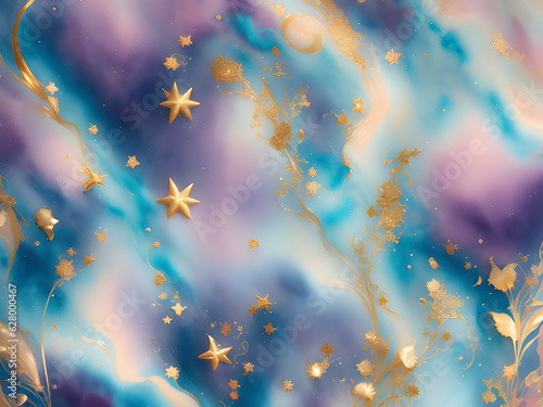 Abstract pink and cyan marble with gold accent of stars and flowers background textures. Generative AI, AI Generated.