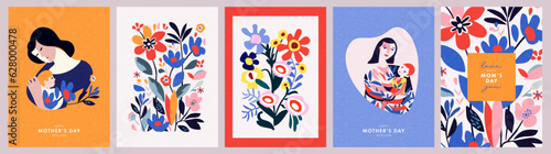 Mothers Day card set. Trendy posters or covers with flowers, abstract floral patterns and mother with child illustration in mid century modern art style. Spring summer bright abstract templates