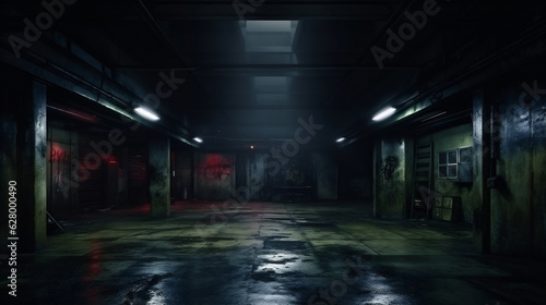 Dark Basement Parking Area, Underground Parking Garage, Wet Asphalt, Lights on Walls and Pillars, Night Time Crime Concept, generative AI © HRTNT Media