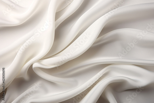 Closeup of rippled white silk satin fabric texture background. Abstract background of white wavy silk or satin.
