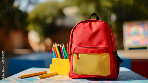 red schoolbag, backpack for children, child, back to school, colorful bag, school supplies, pen, pencils, multicolor, recess, playground background, books for studying, education for children, college
