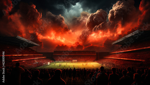 Stadium full of fans in fire. Big football arena superleague event. Generative AI. photo