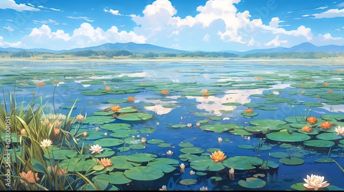 Fényképezés Anime illustration of a lake with some ponds on it, beautiful landscape, suitable for wallpapers