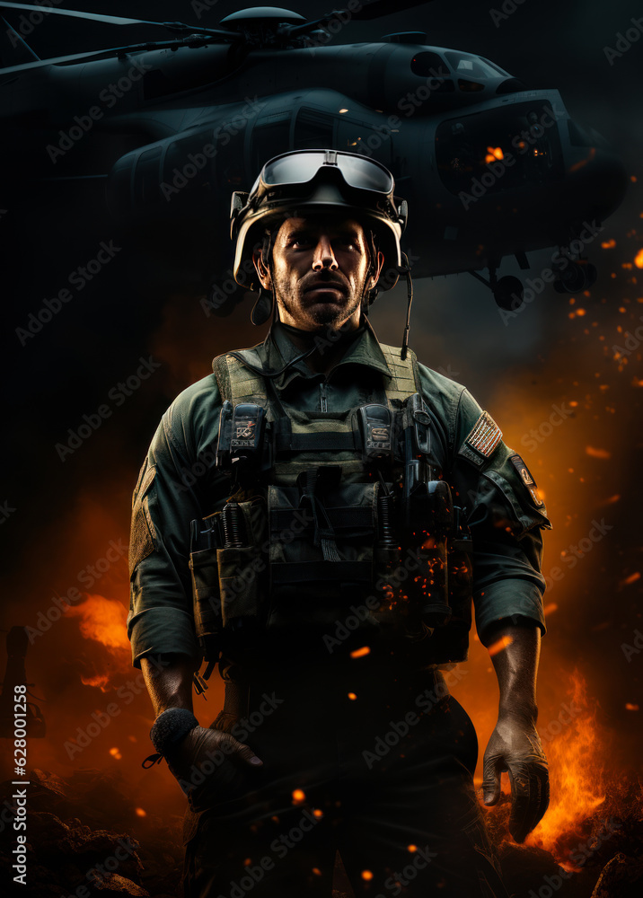 Fototapeta premium Brave military man portrait. Young male soldier in uniform. Generative AI.