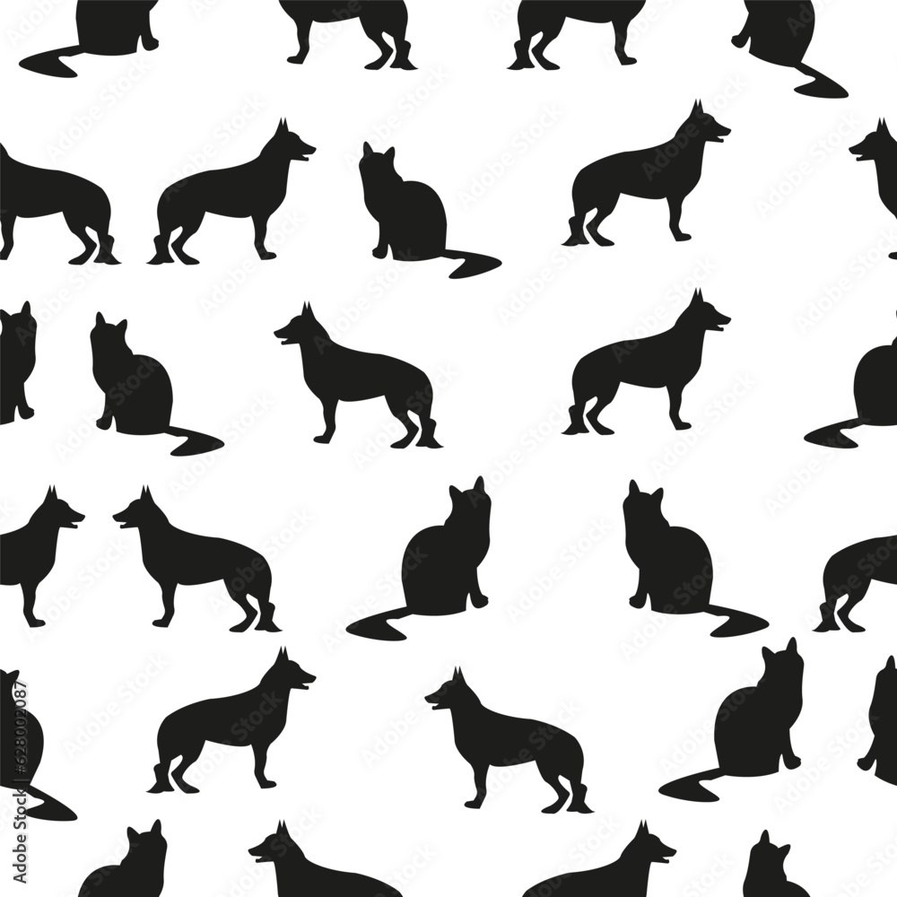 Vector Seamless cat and dog silhouettes pattern on a white background - animals print. Pet shop design. Cat and dog silhouettes prints. For pet shops, bags print, textile print, packing paper